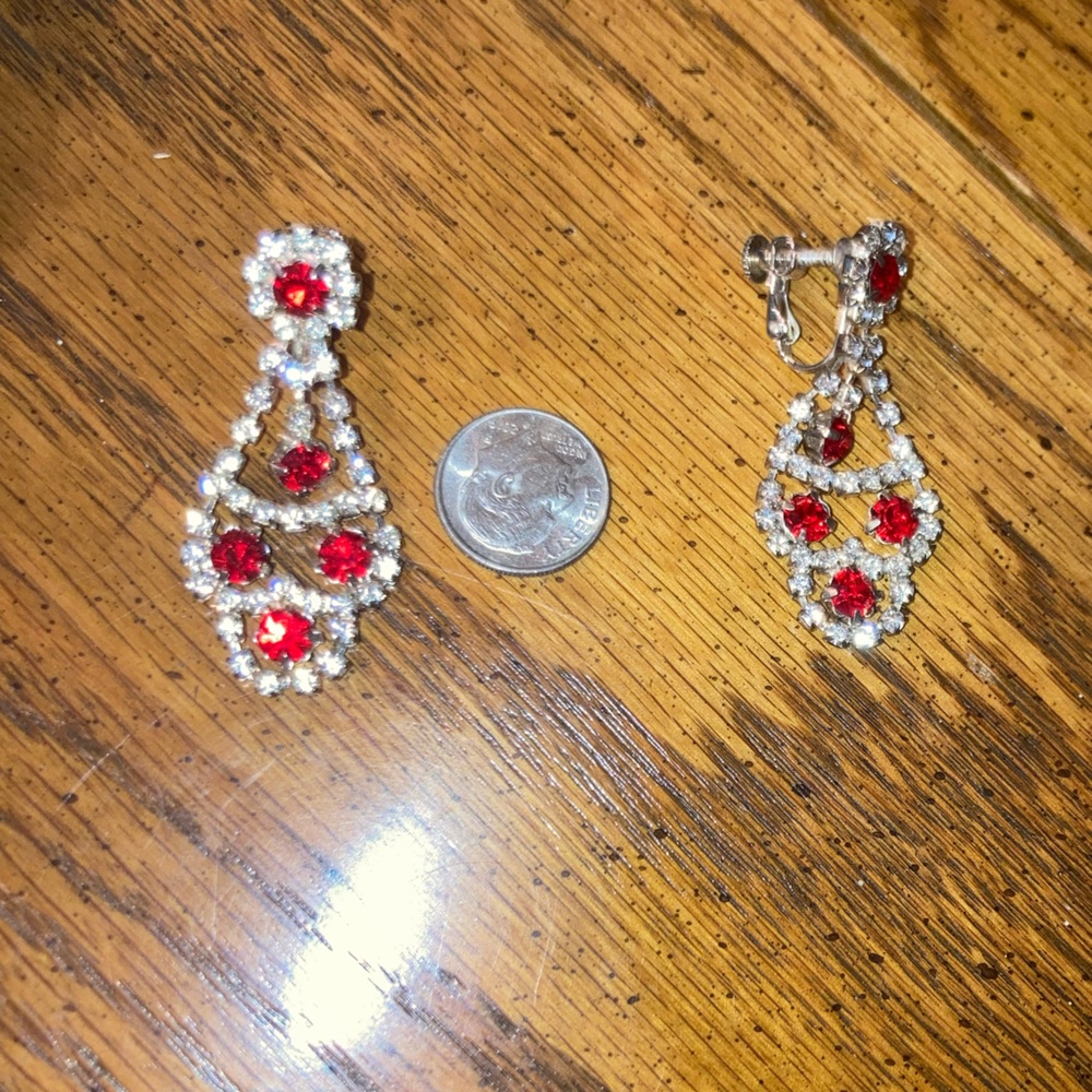 Drop Earrings Red and Silver Rhinestones  - Clip-Ons.